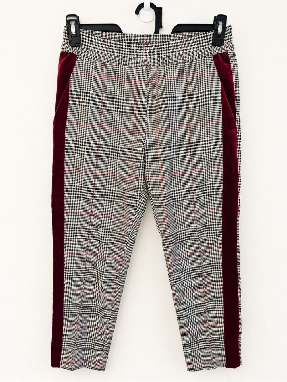 The Kooples Sport Women's 2 Houndstooth Plaid Burgundy Velvet Stripe Ankle Pants